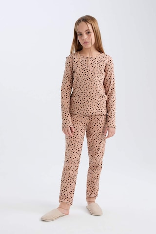 DeFacto Kız Çocuk Pijama Takımı Fitilli Kaşkorse Desenli Bisiklet Yaka Uzun Kollu Üst Uzun Alt D7748A824WNBG389 Bej