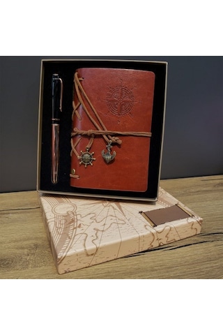 Kişiye Özel Deri Pusula Tasarımlı Defter Ve Metal Kalem Seti
