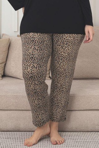 X-dreamy Büyük Beden Viskon Desenli Uzun Kollu Pijama Takımı Leopar