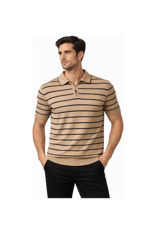 Vexor Erkek Triko Polo Yaka Fermuarlı Çizgili Tişört T-shirt Yazlık Şık - Kahverengi