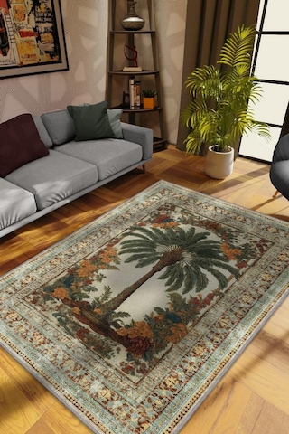 Homshtag Art Deco Palmiye Ağacı Vintage Halı Görünümlü Dijital Baskı Renkli Halı,rustik Çiçekli Halı Çok Renkli