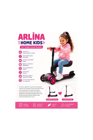 Combo Oturaklı 3 Tekerlekli Katlanabilir Led Işıklı Scooter Pembe