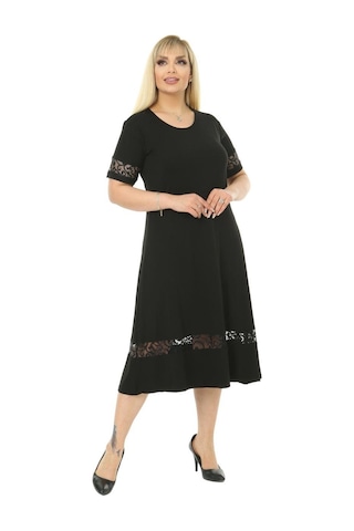 Melsay Butik Dantel Detaylı Kadın Büyük Beden Midi Elbise Siyah