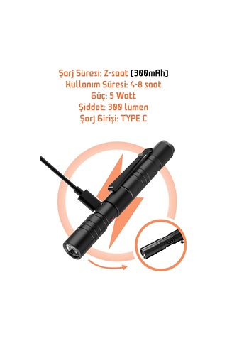 3 Mod Şarjlı Led Kalem Tipi El Feneri Zoomlu Flaşörlü Polis Feneri 5 Watt Beyaz Işık 300 Lümen