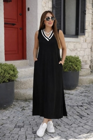 Veraura Lifestyle Kadın Kolsuz V Ribana Yakalı Cepli Uzun Viskon Iki Iplik Elbise Siyah