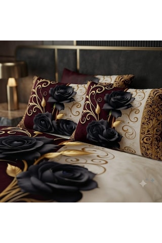 Özel Tasarım Marka Çift Kişilik Nevresim Takımı Organik Saten & Pamuk Luxury Premium Deluxe Seri Gül Çeyiz Kırmızı Beyaz Ranforce Solmaz Kırmızı - Siyah