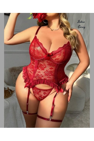 Intive Curvy Bordo Tül Fırfır Detaylı Büyük Beden Bacak Aksesuarlı Jartiyer Takım Bordo