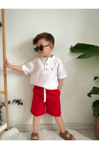 Minaz Baby Gömlek Kırmızı Şort Takım Beyaz - Kırmızı