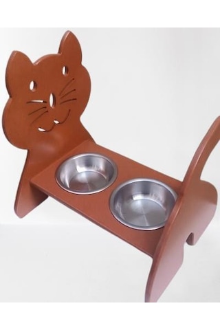 Hobi Erc 90373 Model Kedi Mama Ve Su Kabı Seti Mdf Ceviz Renk Paslanmaz Tabak