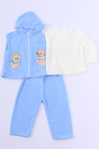 Bebek Polar 3lü Takım Kapşonlu Fermuarlı Nakışlı C23 mavi