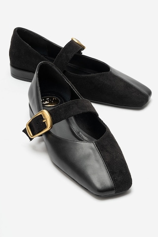 Luvi Shoes Curzon Siyah Cilt Süet Kadın Kemerli Babet Ayakkabı