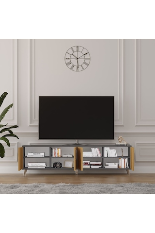 Asra Trend Tv Ünitesi T-05 %100 MDF 160 cm Tv Sehpası 4 Kapaklı Raflı Petra-Koyu Gri