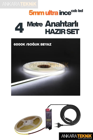 Ankara Teknik 5mm Ultra Ince Cob Şerit Led - 6000k Soğuk Beyaz 12volt Tak Çalıştır Anahtarlı Set Metre Seçiniz 4 Metre