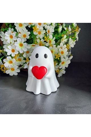 Reedark Halloween Gizemli Kırmızı Kalp Taşıyan Beyaz Hayalet Heykeli - Ev Dekoru, Masaüstü Ve Hediye Özel 9cm Yükseklik