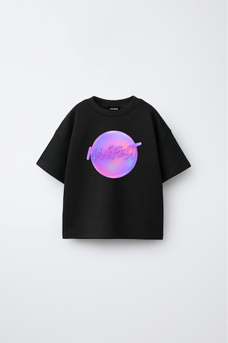 Fasardi Manifest Girls Logo Baskılı Oversize Pamuk Kısa Kollu Unisex Çocuk Tişört Siyah