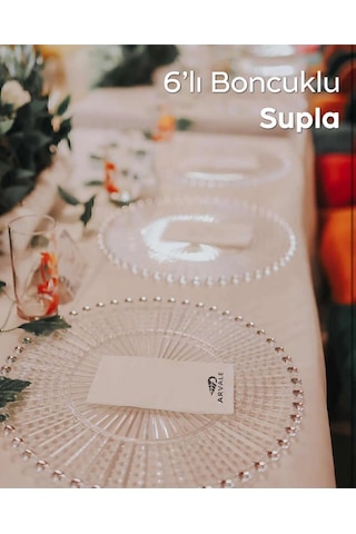 Boncuklu Supla Sunum Servis Organizasyon Düğün Tabağı Malzemesi Plastik 6 Adet Şeffaf