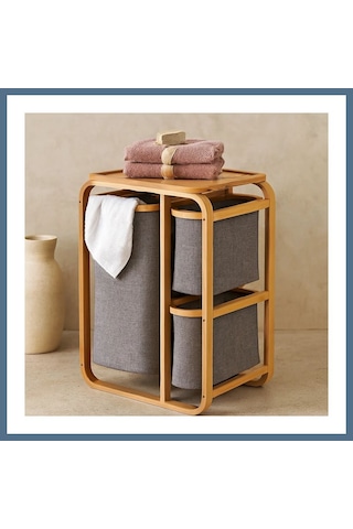 Buradabulabilirsin Ahşap Bambu 3 Bölmeli Çamaşır Sepeti 50x30x70 Cm Bbz