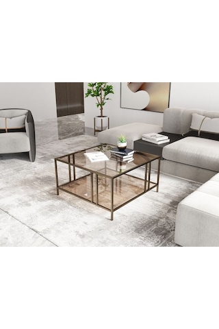 Dekoport Bakü Orta Sehpa Prinç Eskitme Rengi Bronz Cam 75 75 Çift Camlı Orta Sehpa Eskitme