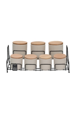 Mat Siyah Standlı 7 Bölmeli Porselen Baharatlık Takımı Bambu Kapaklı Mutfak Organizer
