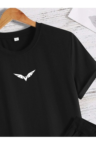 Clayes Wings T-shirt Şort - Siyah Alt Üst Kombin Şort Tişört Takım Baskılı Oversize Bisiklet Yaka Siyah