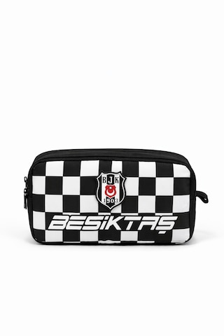 Beşiktaş Lisanslı Siyah Kare Desenli Kalemlik - Çift Bölmeli Rubber Logolu Okul Kalem Çantası Siyah - Beyaz