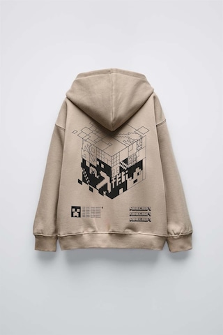 Erkek Çocuk Mınecraft Modelli Pamuk Kapşonlu Sweat Bej