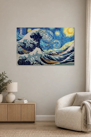 Fida Yıldızlı Gece İle Büyük Dalga Buluşması Canvas Tablo Çok Renkli
