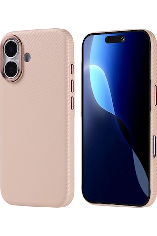 Techaks Apple Uyumlu iPhone 17 Kılıf M-safe Şarj Özellikli Karbon Fiber Görünümlü Tchs Nekst Kapak - Bej Bej