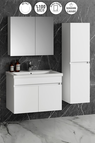 Çiğdem 80+35 Cm Beyaz Mdf Lavabolu Asma Banyo Dolabı Takımı Beyaz