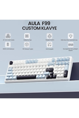 Aula F99 3 Modlu Rgb Hot Swap Mekanik Reaper Switch Kablosuz Makrolu Klavye Lacivert