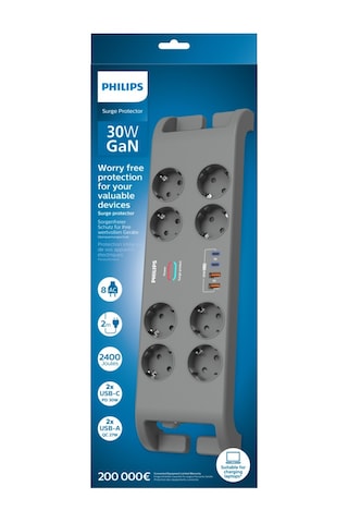 Phılıps Spn8180ga/62, 8 Soket, Akım Korumalı Priz, 2400 Joules, 2mt Kablo, 2xusb-c Pd 20w Hızlı Şarj, 2xusb-a Qc 18 0