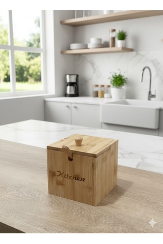 Qerhome Bmabu Kapaklı Ve Kaşıklı Şekerlik - Tuzluk - Baharatlık Veya Baharat Kabı 12 Cm 12 Cm Ahşap