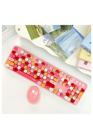 Mofıı Sweet Kablosuz Klavye Mouse Seti 2.4g Retro Yuvarlak Tuşlu 104 Tuş Sessiz Renkli Set Optik