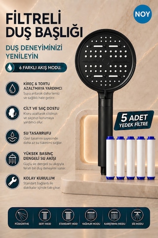 Duş Başlığı Seti Filtreli Duş Başlığı 6 Fonksiyonlu 5 Yedek Filtre Hediyeli Premium Serisi Siyahmat