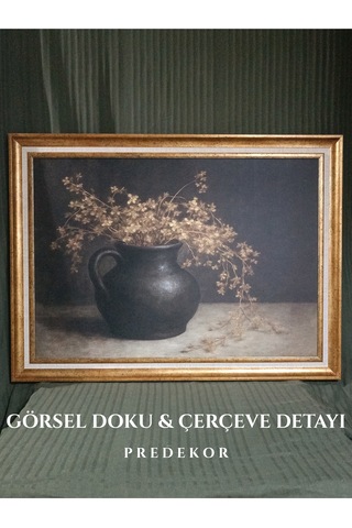Vintage Gold Çerçeveli Natürmort Siyah Saksı Dekoratif Tablo 60x80 Cm