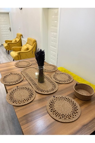 Senza Atelier 7 Parça Jüt Supla Ve Runner Seti - El Örmesi Hasır Yemek Masası Takımı Jüt Hasır