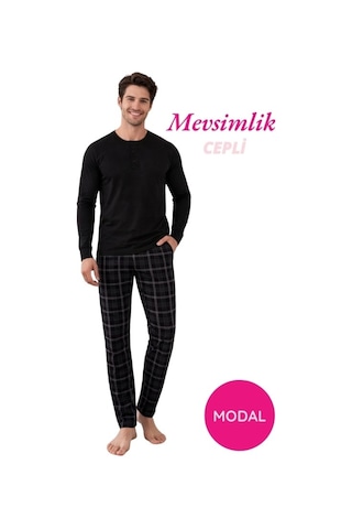 Guava Erkek Modal 3 Düğmeli Ekose Desen Pamuk Likra Mevsimlik Manşetli Uzun Kol Cepli Pijama Takımı Siyah