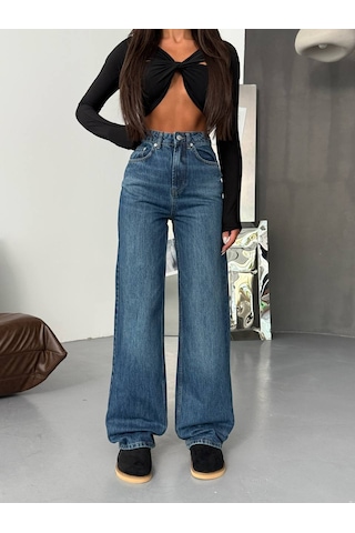 Herton Kadın Antrasit Yüksek Bel Wide Leg Jean Pantolon - %100 Pamuk Denim Gri