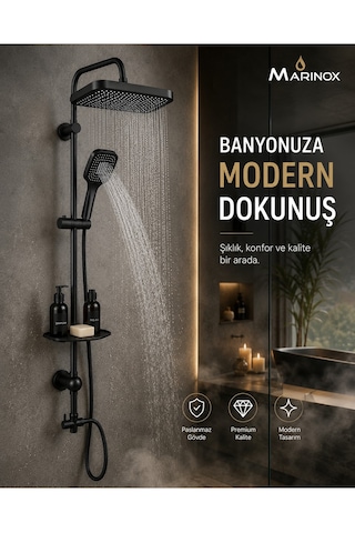Manasır Mat Siyah Premium Lük Tepe Duş Seti