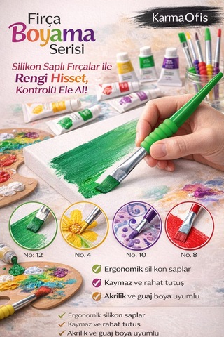 Silikon Saplı Fırça Seti 4 Lü Akrilik, Guaj Ve Tuval İçin Ergonomik Boyama Fırçası Seti