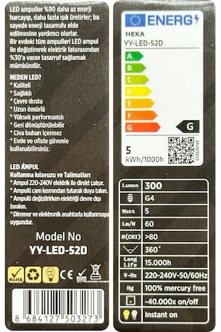 10 Adet Heka 5w 35w 3000k Sarı Işık G4 Duylu Dim Edilebilir Led Kapsül Ampul