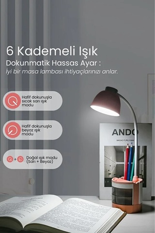 Göz Korumalı Led Masa Lambası Mavi Işık Filtreli, 4 Işık Modlu, Telefon Tutuculu, 360 Esnek Gövde Pembe