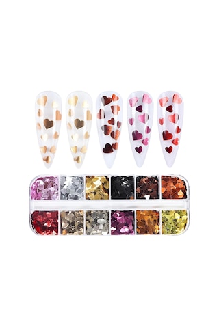 Metalik Renkli Kalpler Tırnak Süsleme Folyo Pulları Mix Nail Art