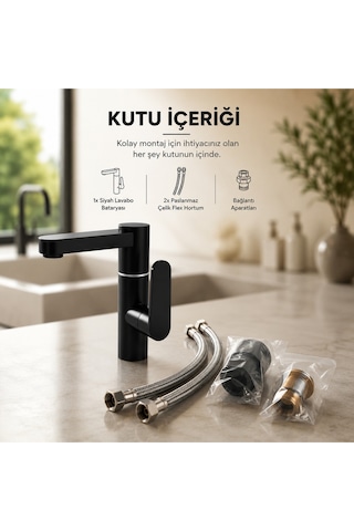 Lüx Premium Silva 360 Döner Borulu Siyah Banyo Lavabo Bataryası Musluğu Çeşmesi Modern Batarya