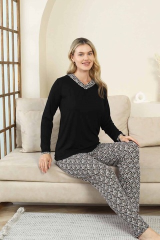 Alimer Kadın Düğmesiz V Yaka Siyah Etnik Desen 3 Düğmeli Likralı Bambu Mevsimlik Uzun Kol Pijama Takımı Siyah