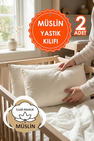 Çift Katlı Müslin Çocuk Yastık Kılıfı %100 Pamuk 35x45 cm 2’li Bebek Çocuk Kılıf Seti Ekru