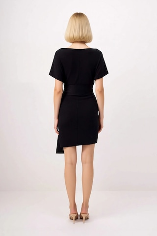 Benerly Kadın Kısa Kollu Asimetrik Yaka Bağlamalı Bodycon Mini Elbise Vis Siyah