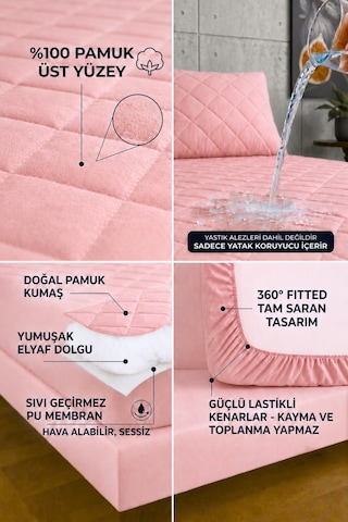 %100 Pamuk Renkli Kapitone Sıvı Geçirmez Alez Çarşaf - Pembe