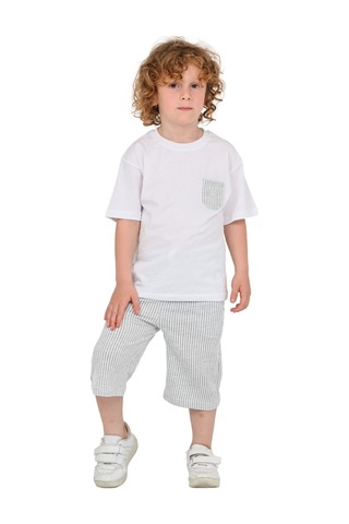 Erdem Kıds Erkek Çocuk Basic T-shirt Şort Çizgili Kaprili Yazlık 2'li Takım Gri Gri