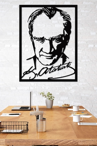 Gowpenart Çerçeveli Atatürk İmza Portre Siyah Metal Duvar Tablosu
